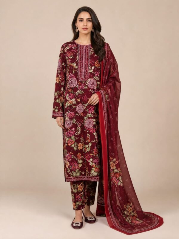 Maroon Floral Printed Lawn 3 Piece Unstitched Suit with Chiffon Dupatta