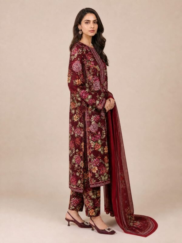 Maroon Printed Lawn 3 Piece Unstitched Suit with Chiffon Dupatta