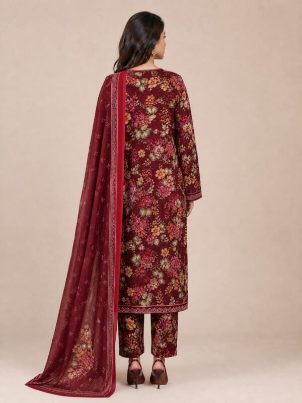 Maroon Printed Lawn 3 Piece Unstitched Suit with Chiffon Dupatta