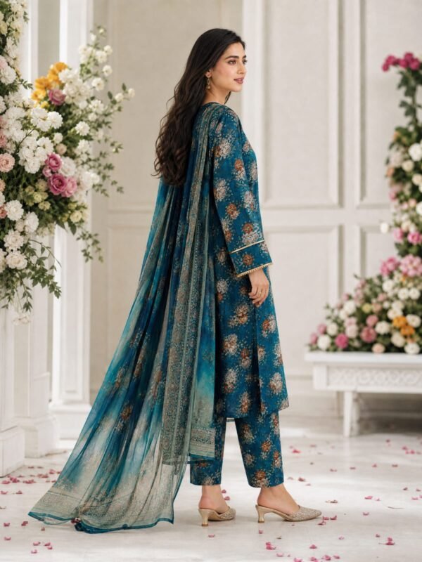 WhatsApp Image 2026-07-03 at 10.59.52 AM (1) Teal Blue Floral Printed Lawn 3 Piece Unstitched Suit with Chiffon Dupatta