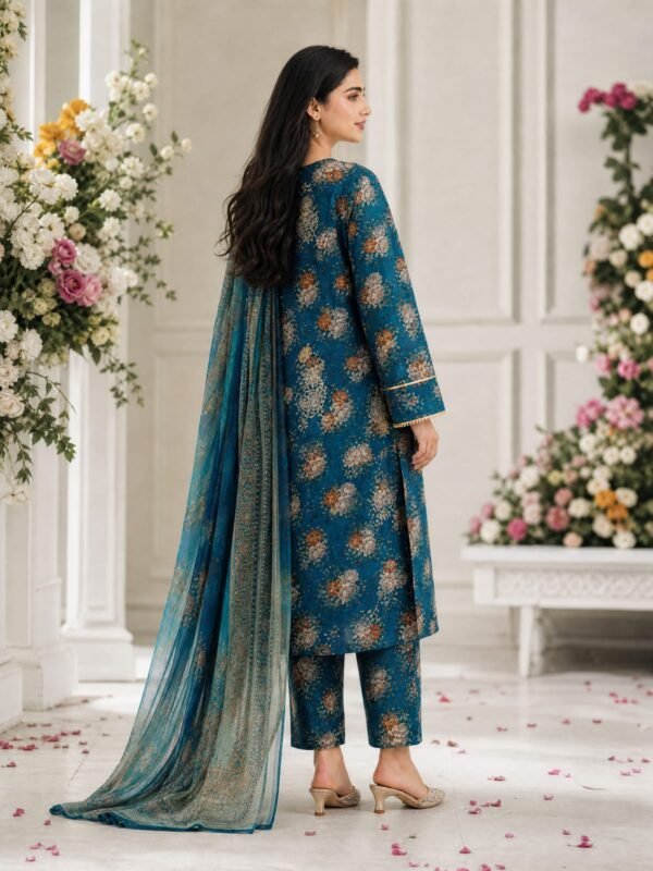 WhatsApp Image 2026-07-03 at 10.59.52 AM (2) Teal Blue Floral Printed Lawn 3 Piece Unstitched Suit with Chiffon Dupatta