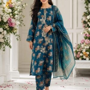 WhatsApp Image 2026-07-03 at 10.59.52 AM Teal Blue Floral Printed Lawn 3 Piece Unstitched Suit with Chiffon Dupatta