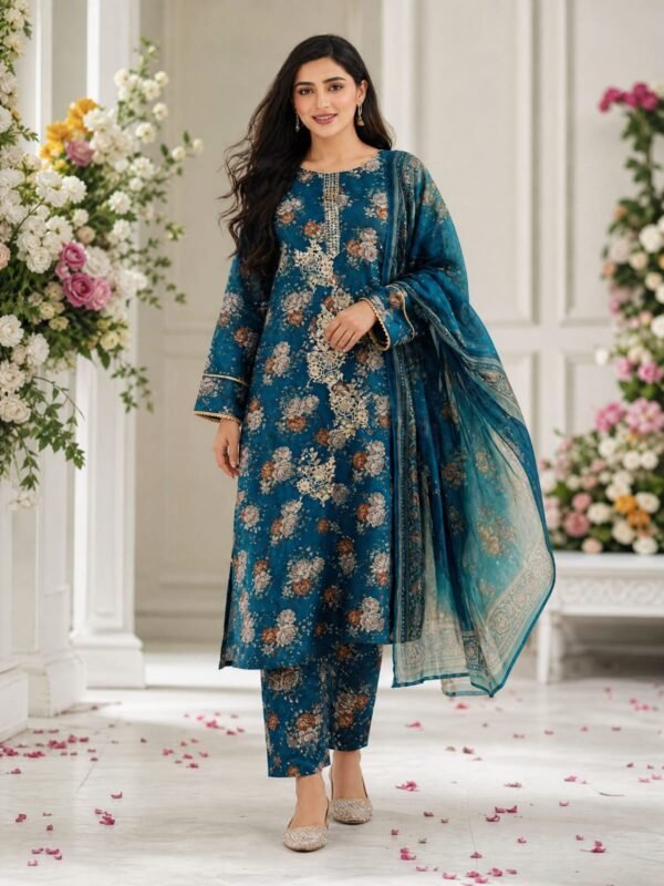 WhatsApp Image 2026-07-03 at 10.59.52 AM Teal Blue Floral Printed Lawn 3 Piece Unstitched Suit with Chiffon Dupatta