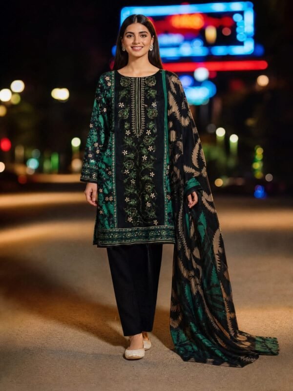 Black and Green Embroidered Lawn