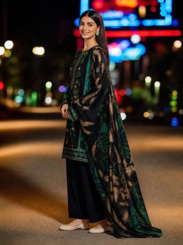 Black and Green Embroidered Lawn