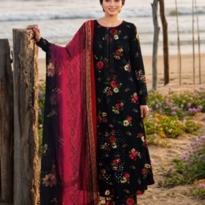 Black And Dark Pink Printed Lawn