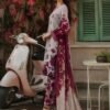Greyish Beige and Vine Red Printed Lawn