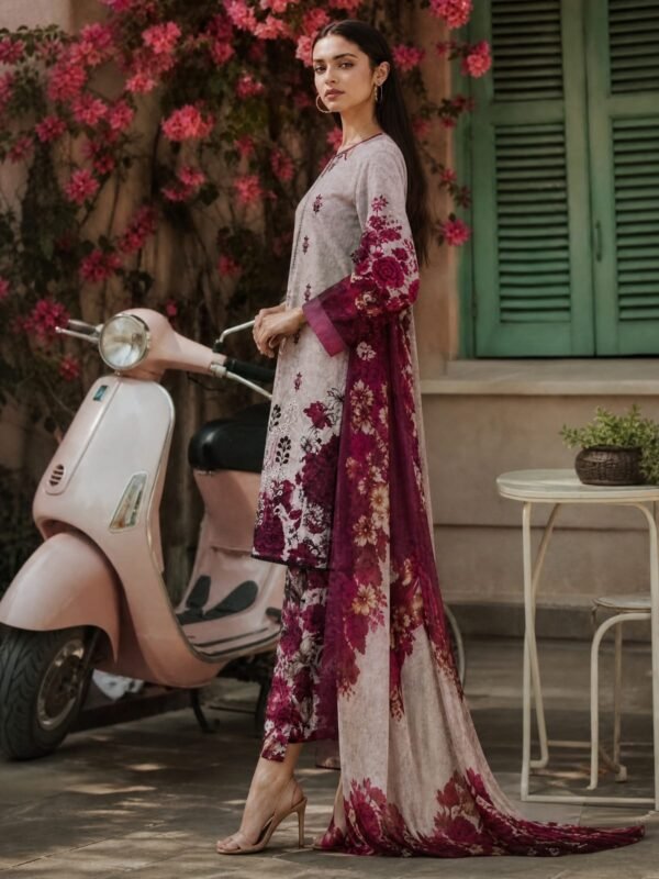 Greyish Beige and Vine Red Printed Lawn