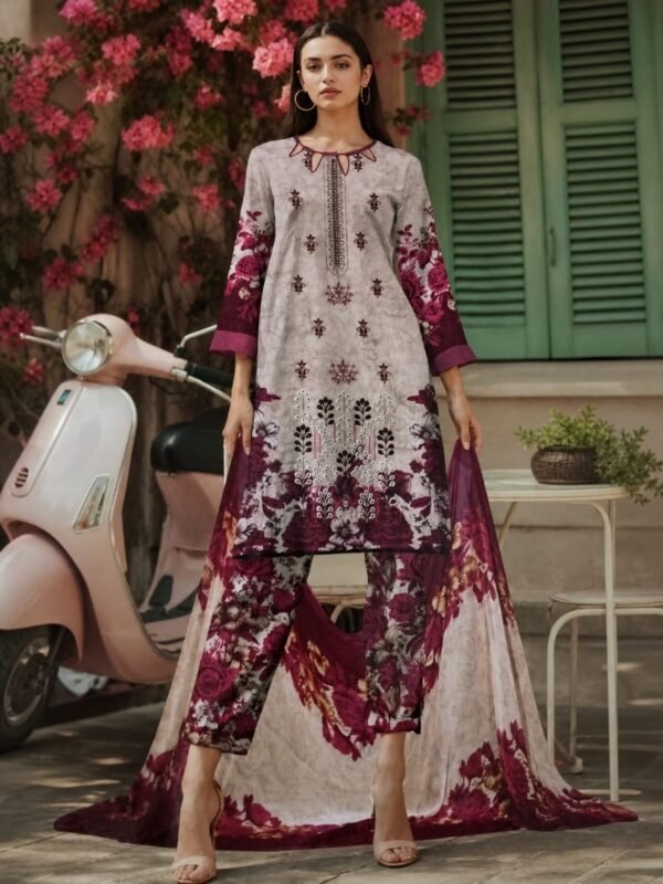Greyish Beige and Vine Red Printed Lawn