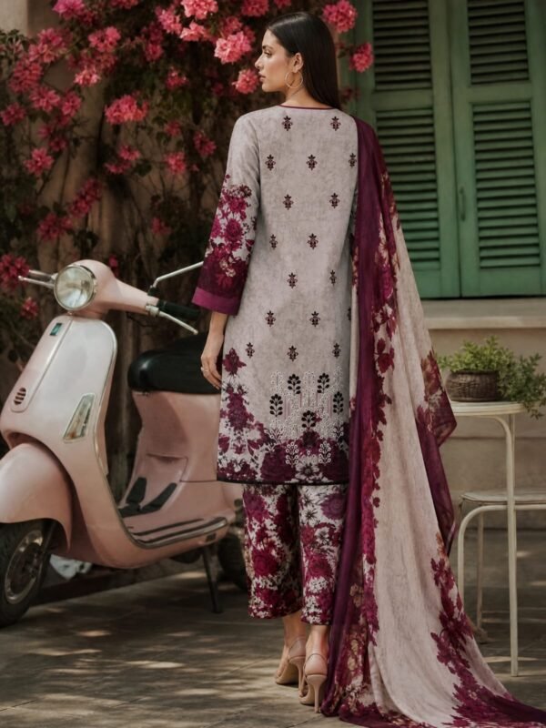 Greyish Beige and Vine Red Printed Lawn