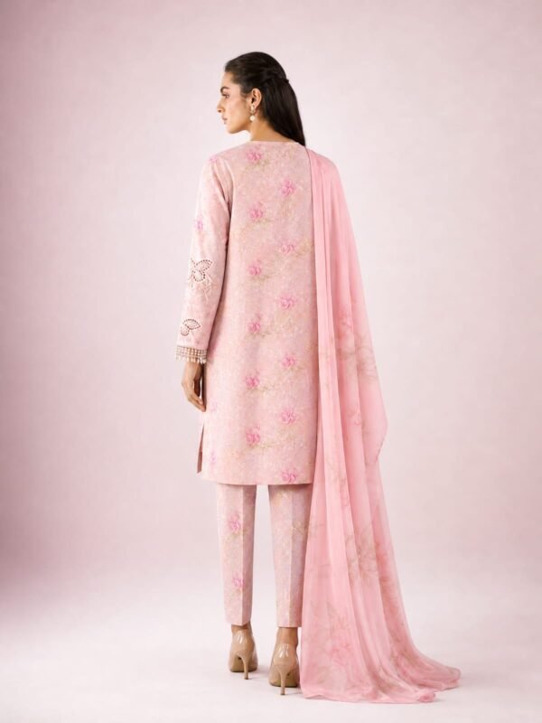 Baby Pink Printed Lawn 3 Piece Unstitched Suit with Chiffon Dupatta