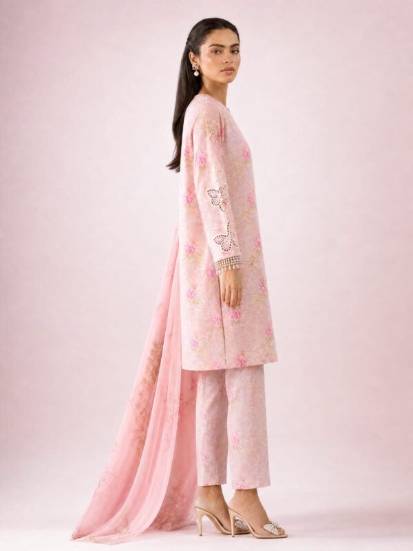 Baby Pink Printed Lawn 3 Piece Unstitched Suit with Chiffon Dupatta