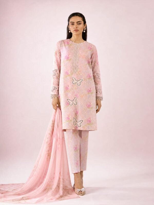 Baby Pink Printed Lawn 3 Piece Unstitched Suit with Chiffon Dupatta