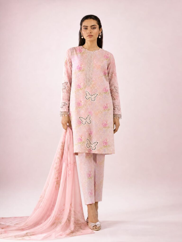 Baby Pink Printed Lawn 3 Piece Unstitched Suit with Chiffon Dupatta