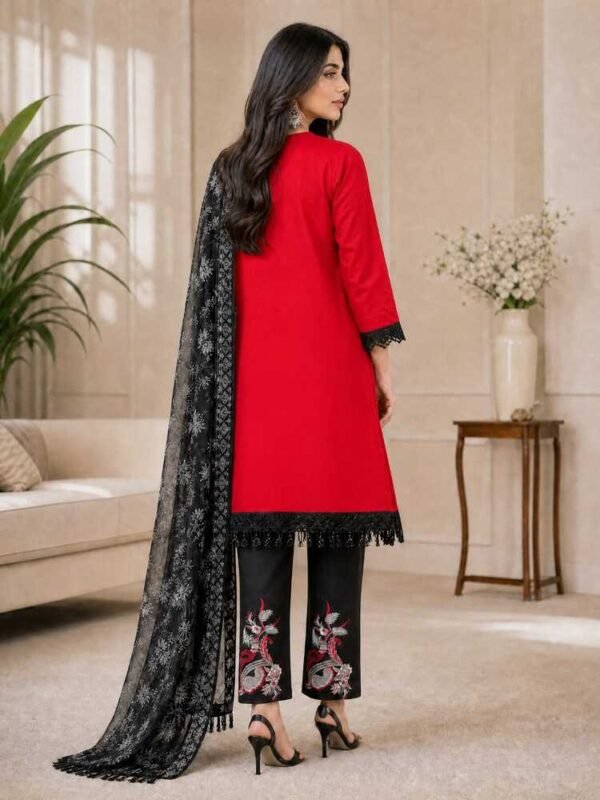 Red and Black Embroidered Stitched Suit