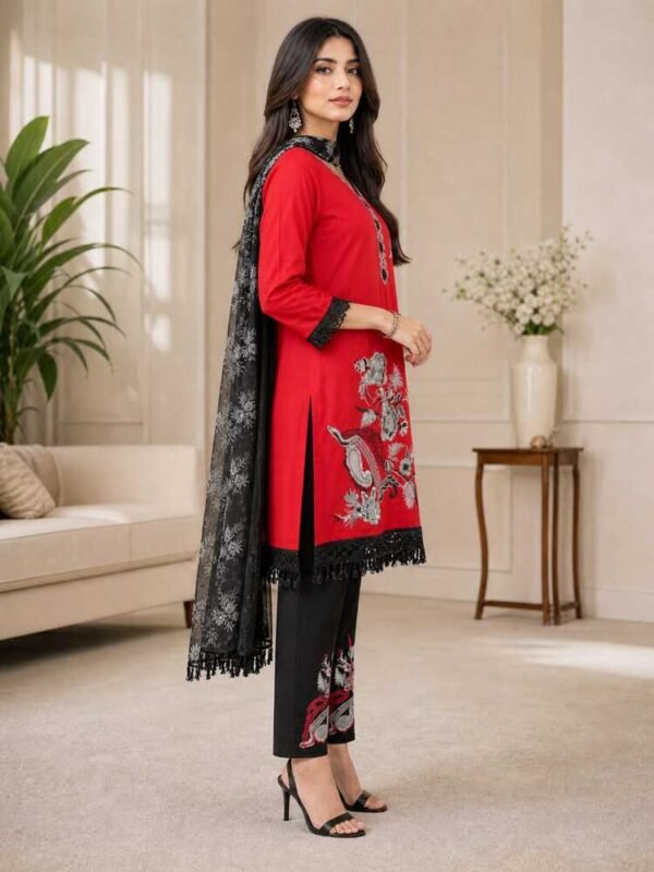 Red and Black Embroidered Stitched Suit