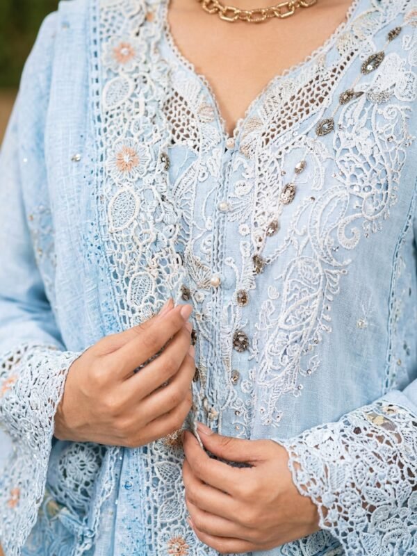 manrimal-suit-closeup-detail Luxury Sky Blue Embroidered 3 Piece Lawn Suit ( Unstitched )