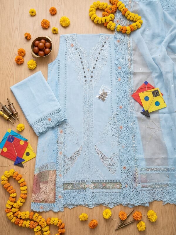 manrimal-suit-flat-lay Luxury Sky Blue Embroidered 3 Piece Lawn Suit ( Unstitched )