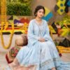 manrimal-suit-sitting-pose Luxury Sky Blue Embroidered 3 Piece Lawn Suit ( Unstitched )