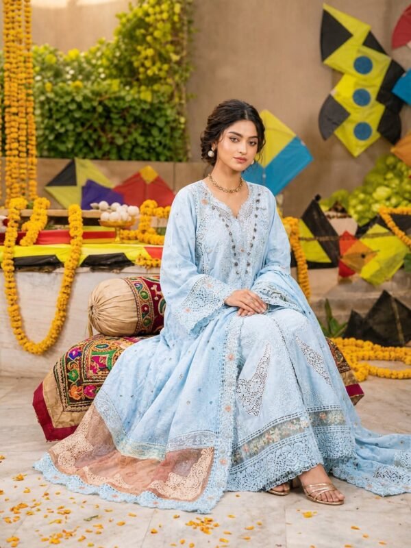 manrimal-suit-sitting-pose Luxury Sky Blue Embroidered 3 Piece Lawn Suit ( Unstitched )