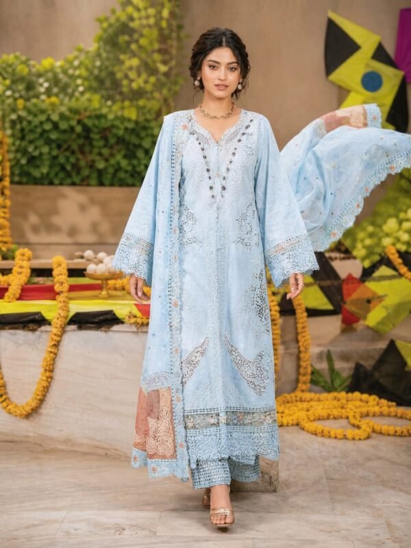 manrimal-suit-walking-shot Luxury Sky Blue Embroidered 3 Piece Lawn Suit ( Unstitched )