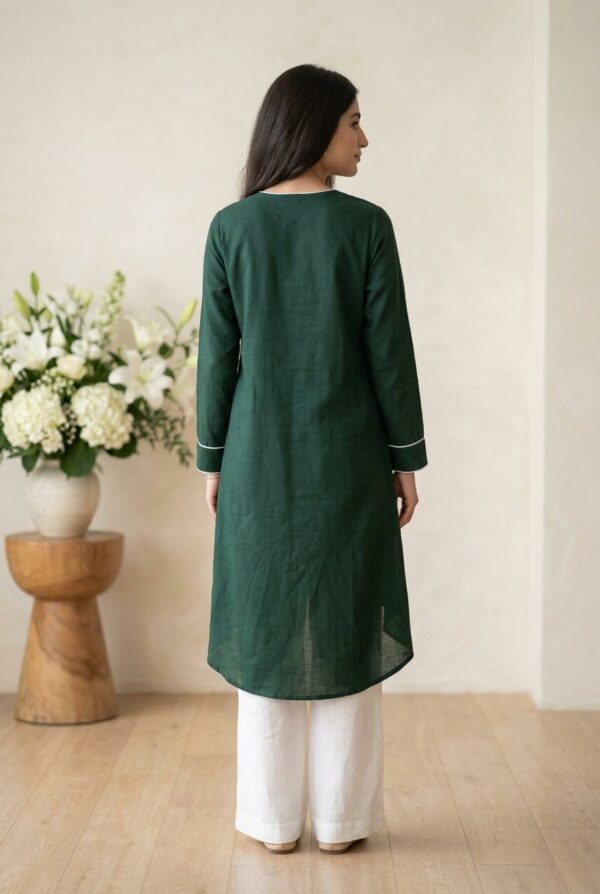 14 August Special Dark Green Asymmetrical Kurti with White Trousers