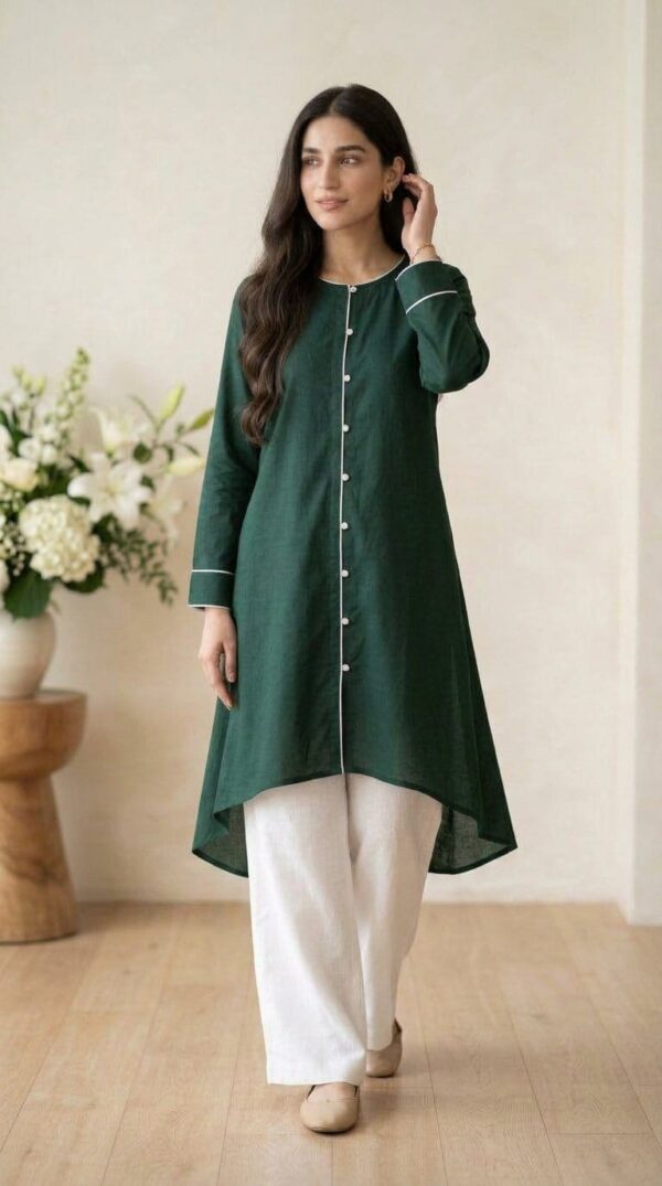 14 August Special Dark Green Asymmetrical Kurti with White Trousers