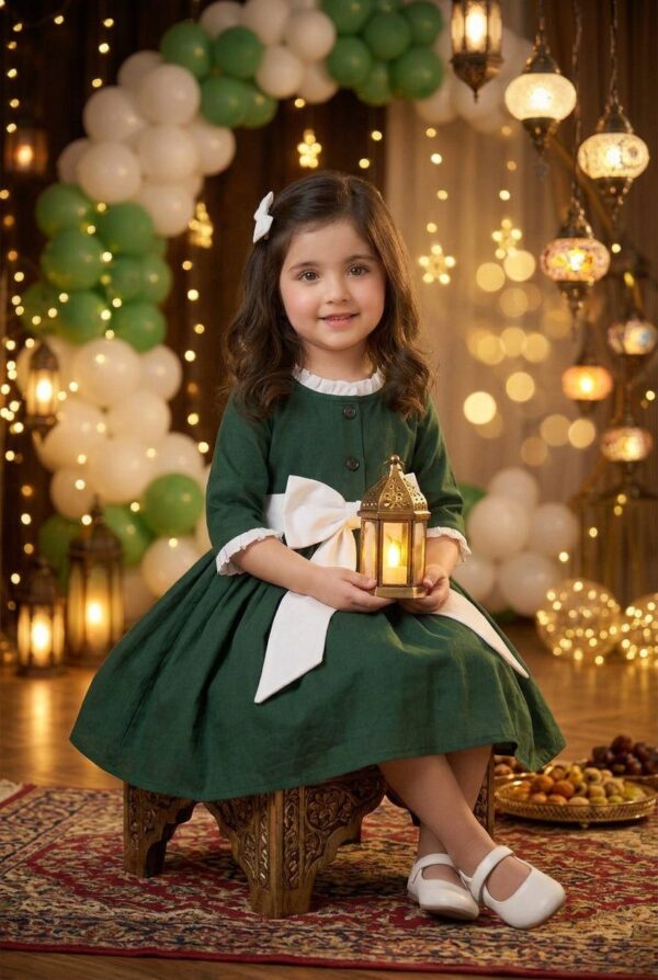 Emerald Green Festive Party Wear Frock with White Bow