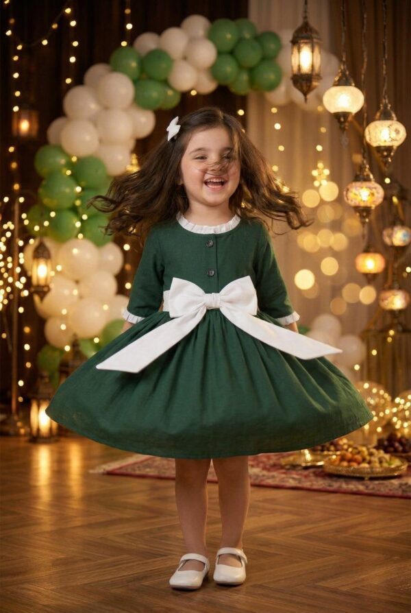 Emerald Green Festive Party Wear Frock with White Bow
