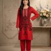 Red embroidered 2-piece women suit with black floral thread work front view