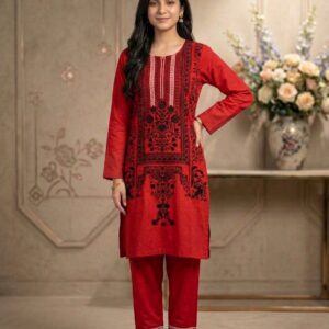 Red embroidered 2-piece women suit with black floral thread work front view