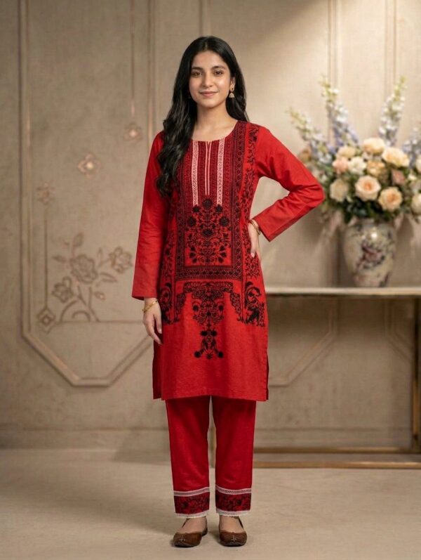 Red embroidered 2-piece women suit with black floral thread work front view