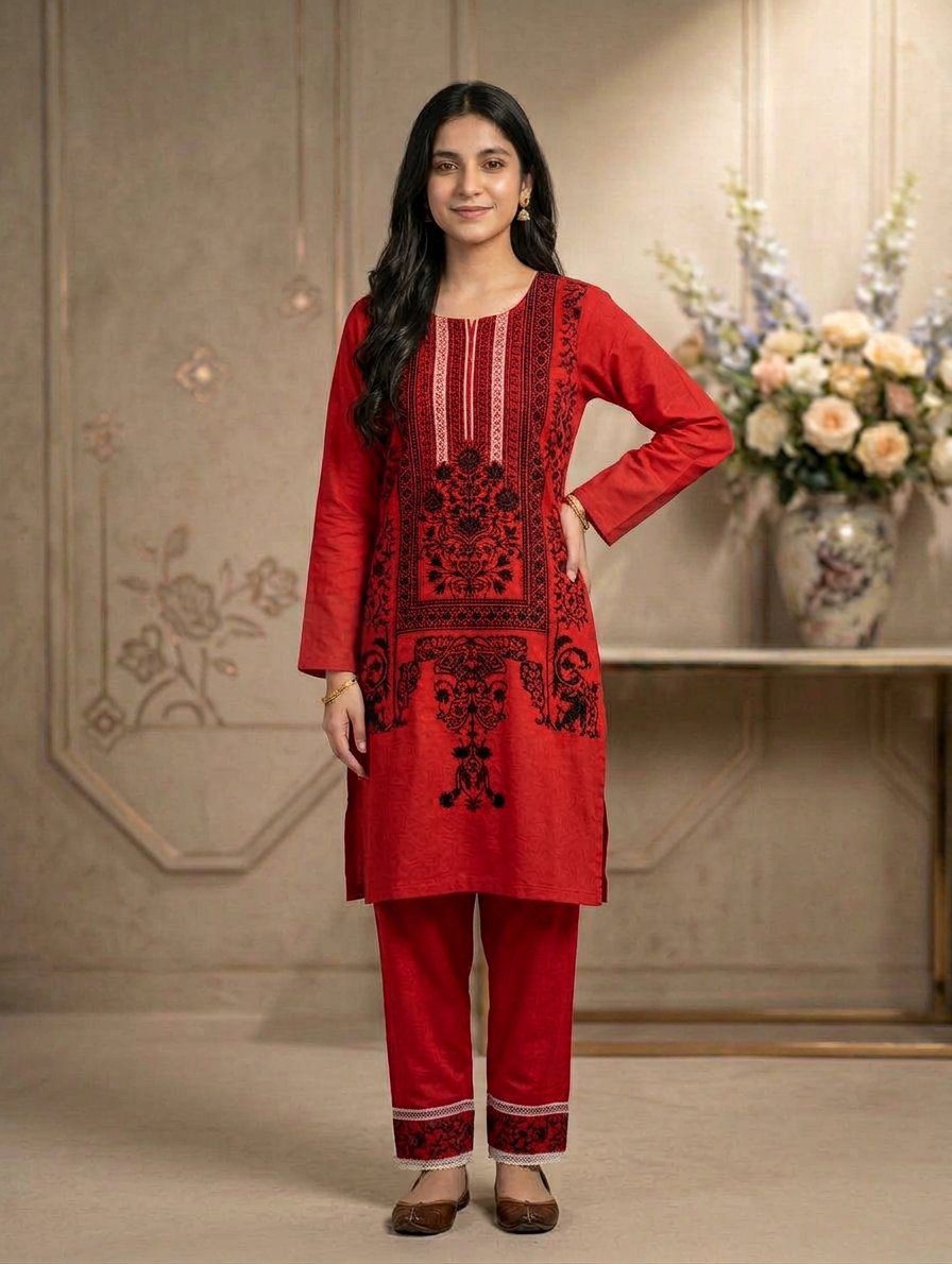 red-embroiderd-2-piece-suit-kurta-trouser-set