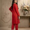 Red embroidered 2-piece women suit with black floral thread work front view