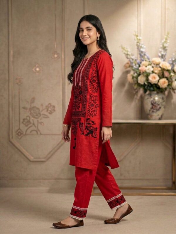 Red And Black Embroidered 2-Piece Suit | Kurta & Trouser