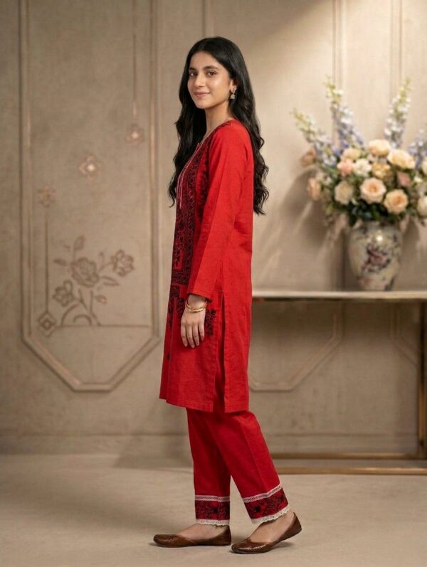 Red And Black Embroidered 2-Piece Suit | Kurta & Trouser