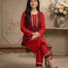 Red embroidered 2-piece women suit with black floral thread work front view