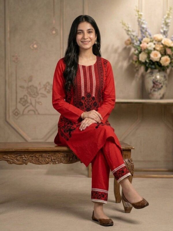 Red embroidered 2-piece women suit with black floral thread work front view