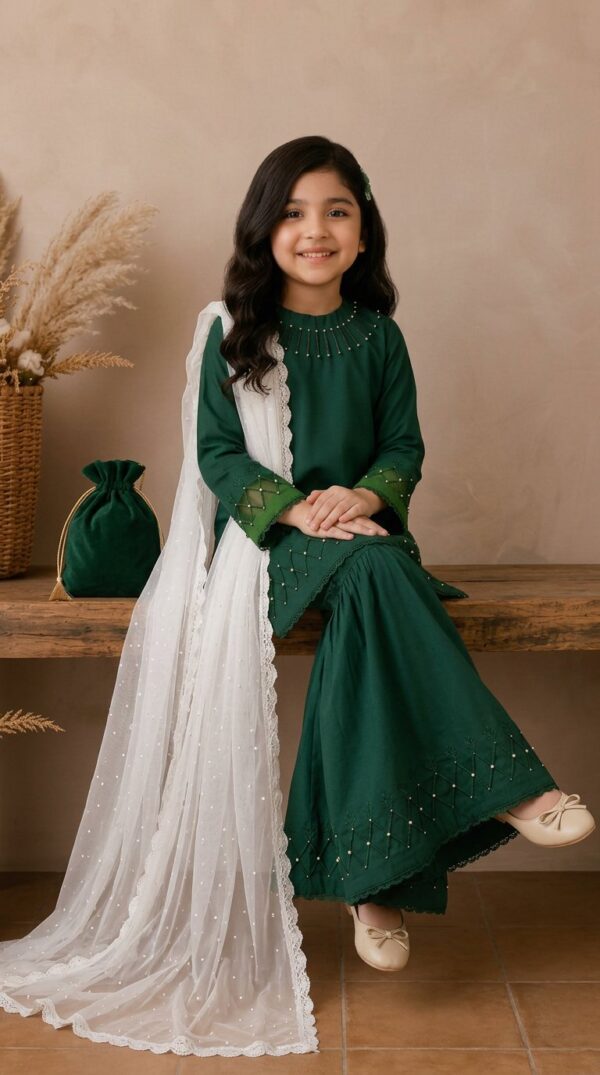 14 August Special Dark Green Kids Sharara Suit