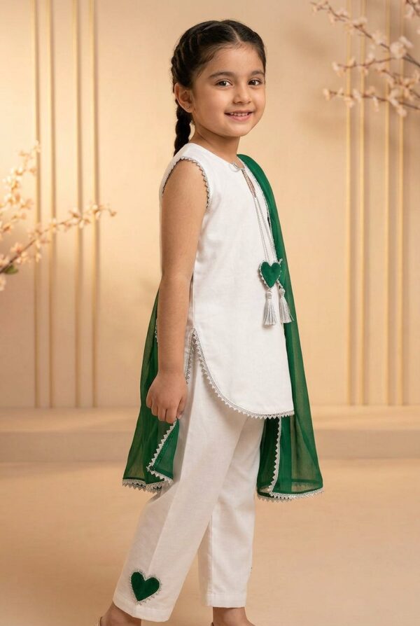 14 August Special White Kids 3-Piece Suit with Green Heart Motifs & Dupatta