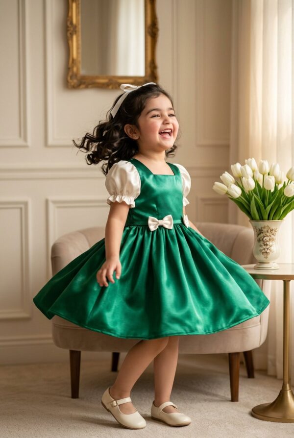 14 August Special Green Silk Frock for Girls with Puff Sleeves | Manrimal