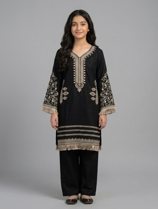 Black Embroidered Kurti and Trouser Set - Manrimal